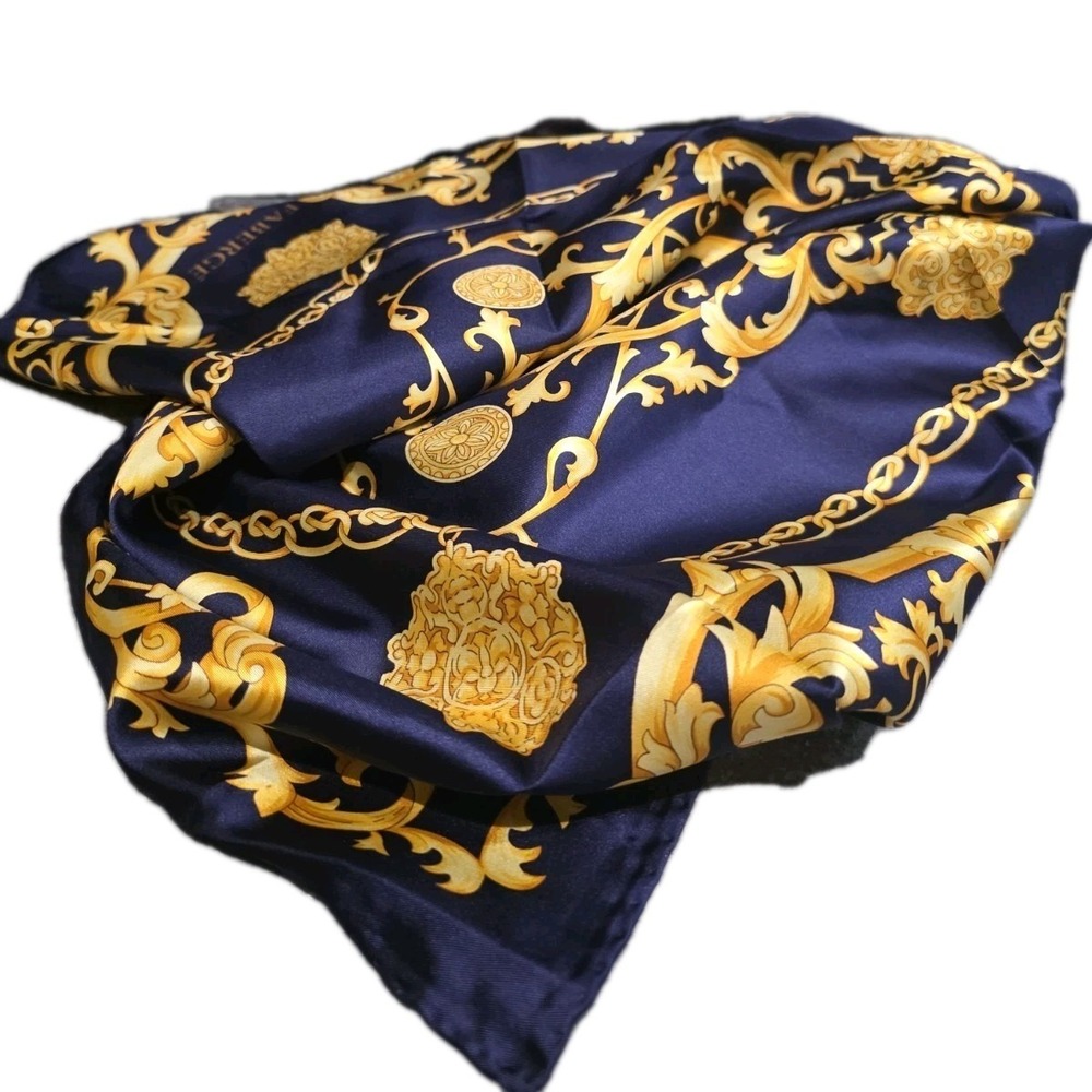 FABERGE Large Silk Scarf 32"x 32" Navy Blue Gold Square New With Box - Picture 9 of 11